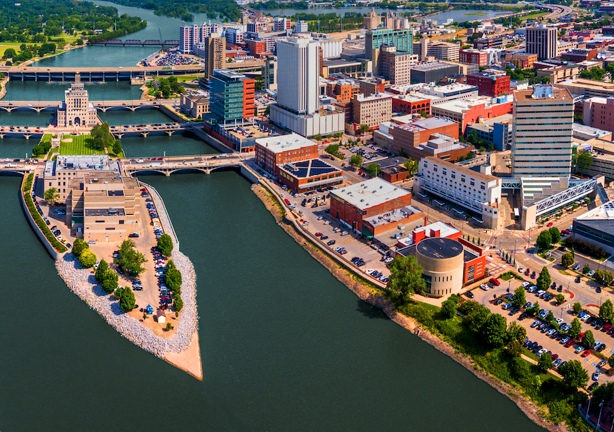 Aerial view of Mays Island and Downtown Cedar Rapids
