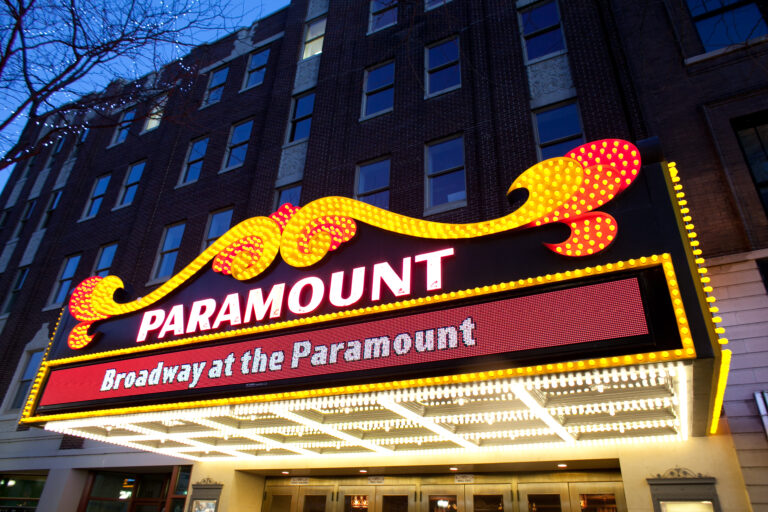 Lit up marquee at the Paramount Theater in Downtown Cedar Rapids