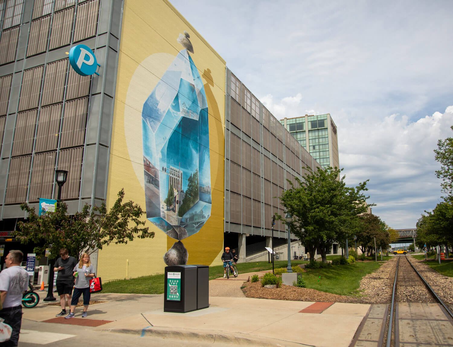 Downtown Cedar Rapids parking ramp with mural